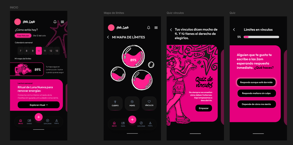 Lilith App - Pantallas principales: Inicio, Mapa de Límites, Quiz de Vínculos